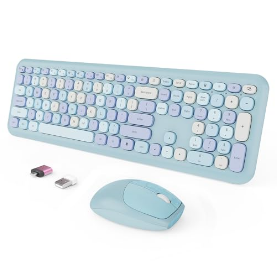 Blue Multicolor Keyboard And Mouse Combo, Round Retro Keys, 2.4G USB Receiver, Full Size