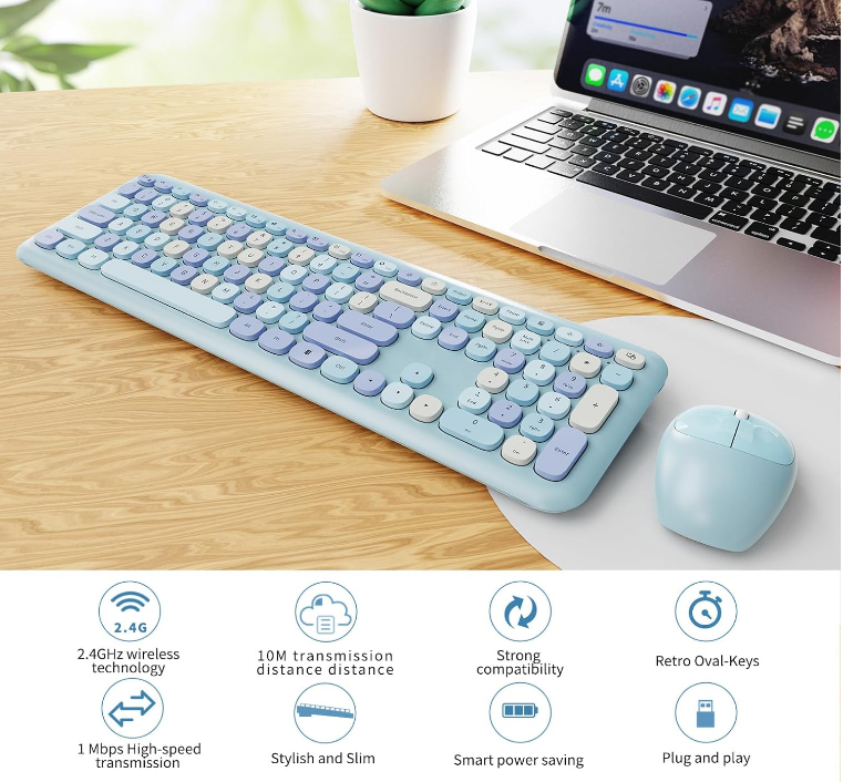 Blue Multicolor Keyboard And Mouse Combo, Round Retro Keys, 2.4G USB Receiver, Full Size