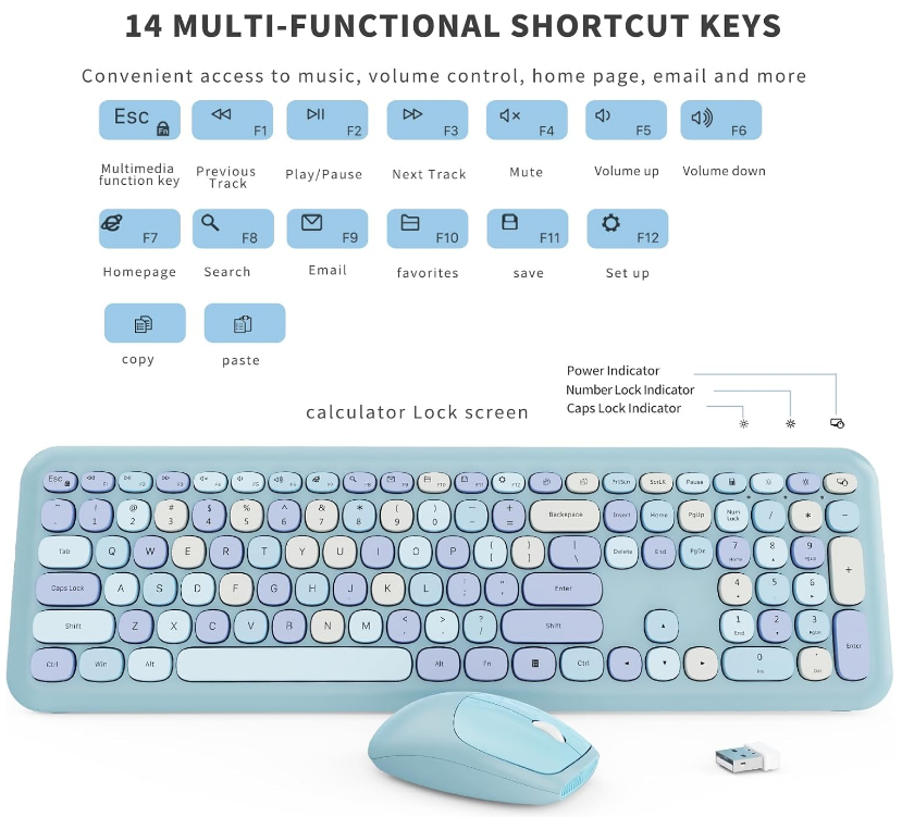 Blue Multicolor Keyboard And Mouse Combo, Round Retro Keys, 2.4G USB Receiver, Full Size