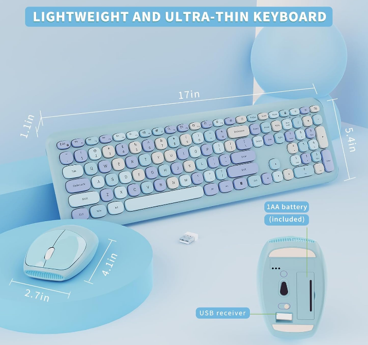 Blue Multicolor Keyboard And Mouse Combo, Round Retro Keys, 2.4G USB Receiver, Full Size