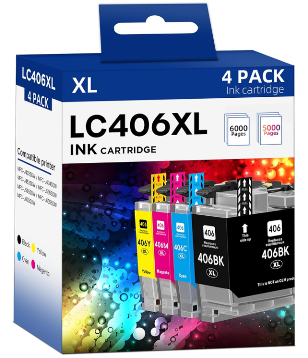 LC406XL High Yield Ink Cartridges Compatible W/ Select Brother Printers 4 Pack
