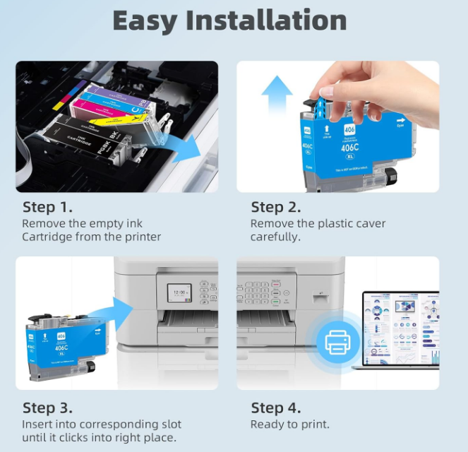 LC406XL High Yield Ink Cartridges Compatible W/ Select Brother Printers 4 Pack