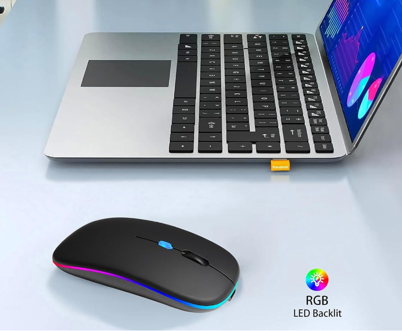 Wireless Bluetooth Mouse, Black LED Backlit Rechargeable Dual Mode 5.2 BT /2.4G