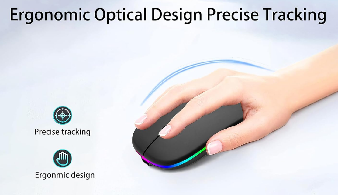 Wireless Bluetooth Mouse, Black LED Backlit Rechargeable Dual Mode 5.2 BT /2.4G