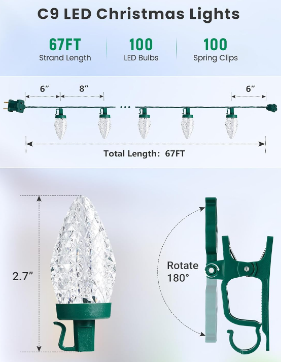 67 Feet LED Christmas Light With Spring Clips, Warm White Clips To Gutter Or Shingle