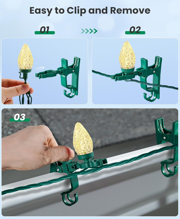 67 Feet LED Christmas Light With Spring Clips, Warm White Clips To Gutter Or Shingle