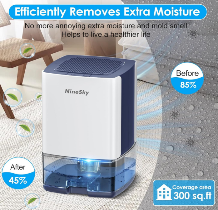 NineSky Small Dehumidifier For 300sqft, 35oz Water Tank 7 Colorful Lights