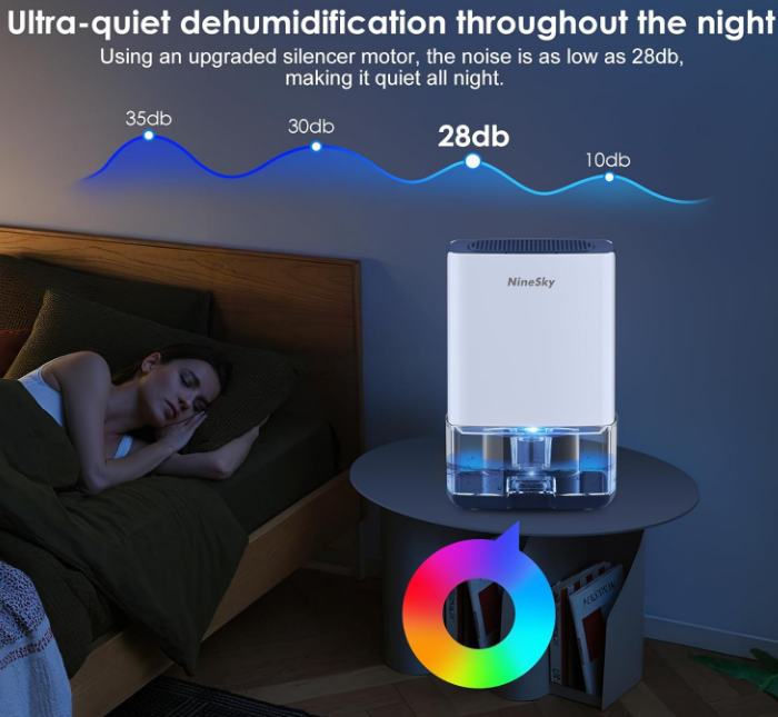 NineSky Small Dehumidifier For 300sqft, 35oz Water Tank 7 Colorful Lights
