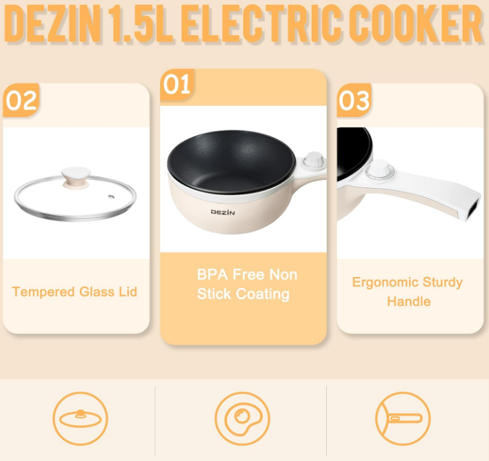 Denzin Multi-Function Electric Hot Pot, Beige 1.5L Mini Portable Power Adjustment