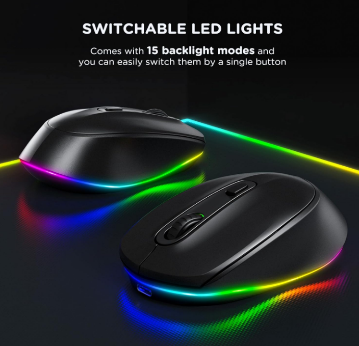 Backlit LED Wireless Mouse, Black Rechargeable USB A Nano Receiver