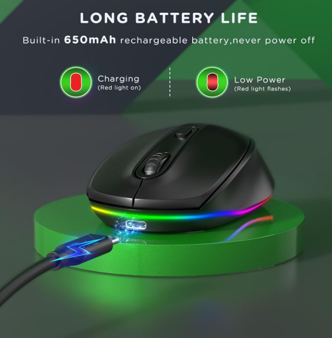Backlit LED Wireless Mouse, Black Rechargeable USB A Nano Receiver