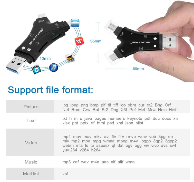 4 In 1 SD Card Reader Micro SD TF Cards For iPhone Android Mac PC