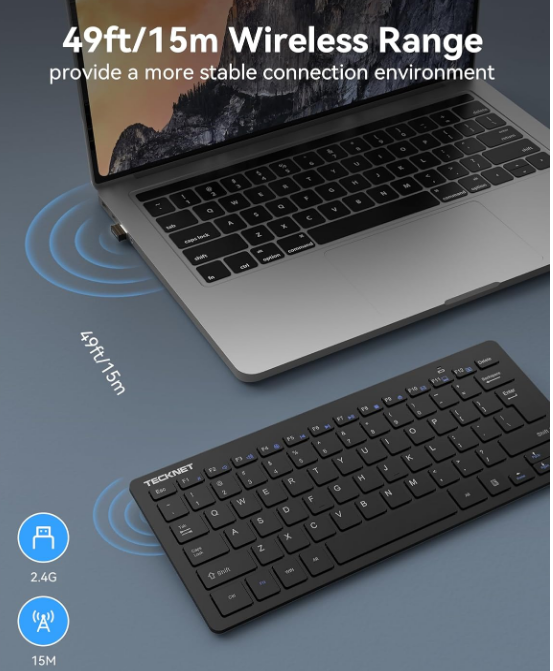Black Mini Compact Wireless Keyboard With Hot Keys USB-A Receiver