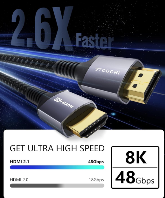 Stouchi HDMI Cable 8FT, 48Gbps Ultra High Speed HDMI® Cables Braided 2.1 Cord