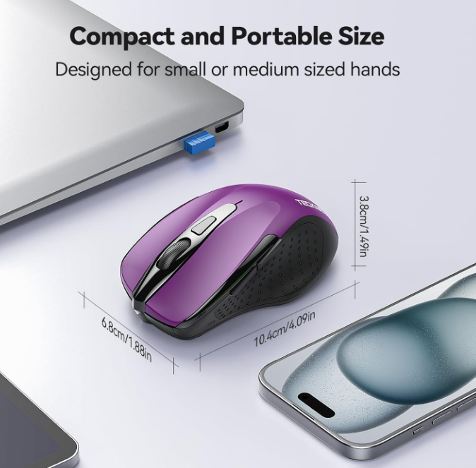 Purple & Black Wireless Mouse, 2.4G Ergonomic Optical 6 Buttons 2600 DPI