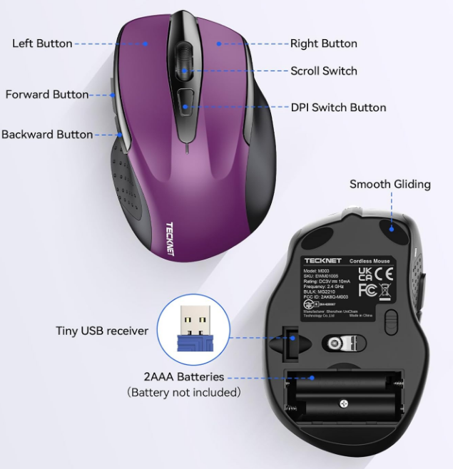 Purple & Black Wireless Mouse, 2.4G Ergonomic Optical 6 Buttons 2600 DPI
