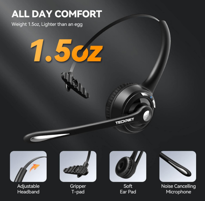Bluetooth Headset, Wireless On Ear Headphone Built In Mic, Black