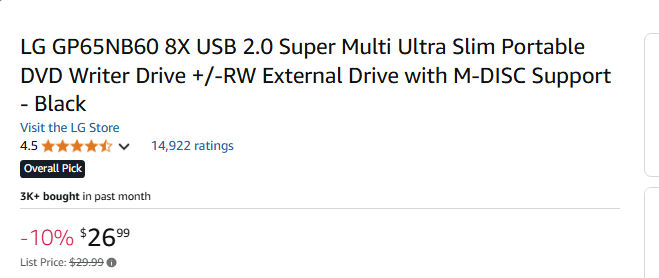 LG Ultra Slim & Portable DVD Writer External Drive, Black 8X USB