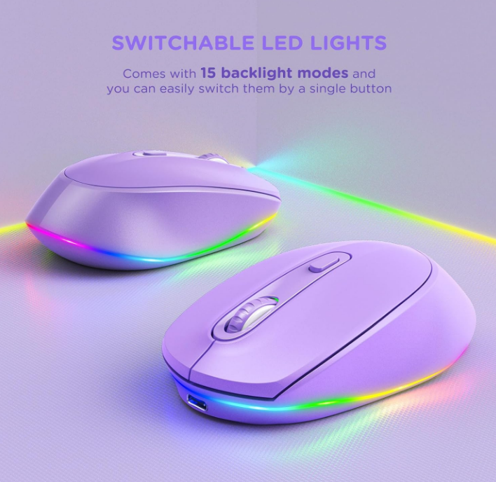 Small USB Wireless Mouse, Purple Rainbow Backlit Rechargeable