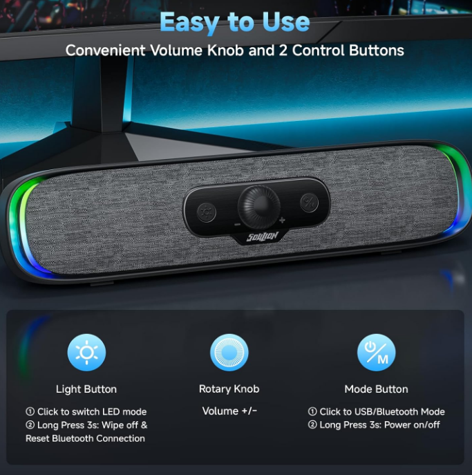 Soulion R200 Bluetooth Computer Speakers-Compact USB Powered LED Lights