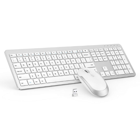 Wireless Full Size Keyboard & Mouse Combo, White/Silver 2.4G USB Thin