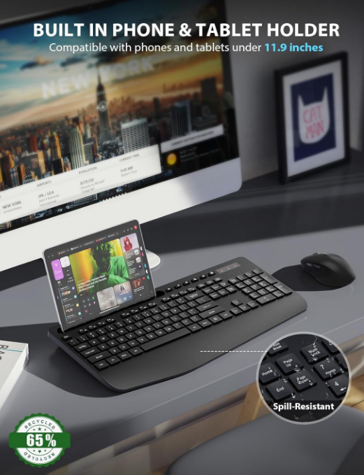 USB Wireless Keyboard & Mouse Combo-Black Wrist Rest Phone Holder Full-Size Keyboard