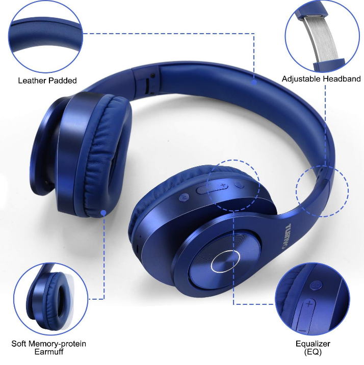 Dark Blue Wireless Bluetooth Headphones 40 Hour Playtime Built-In Mic