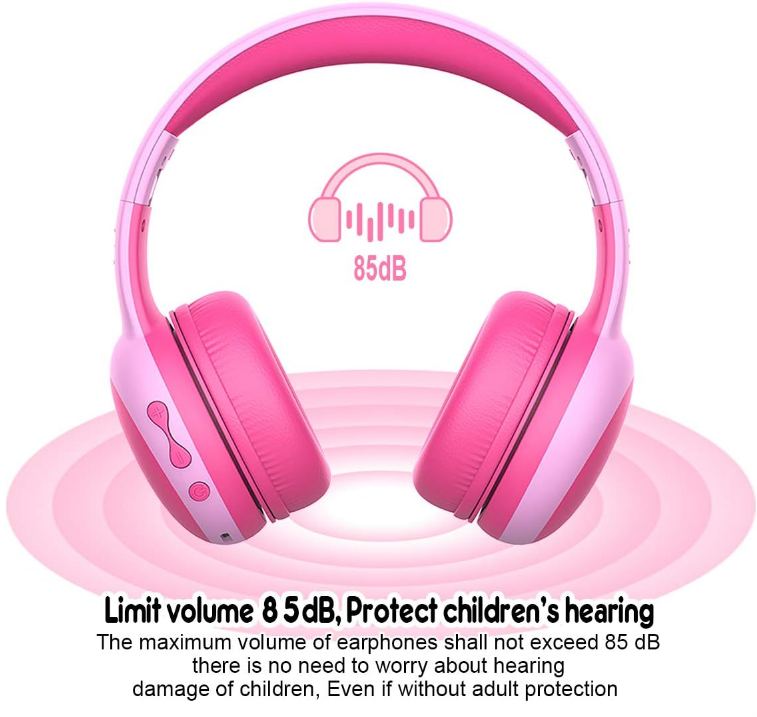 Kids Pink Bluetooth Headphones Over Ear Volume Limiting Cat Ears 40Hr Playtime