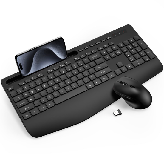 USB Wireless Keyboard & Mouse Combo-Black Wrist Rest Phone Holder Full-Size Keyboard