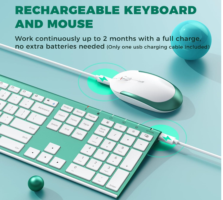 Wireless Keyboard & Mouse Combo-Blackish Green Rechargeable USB 2.4G Compact Quiet