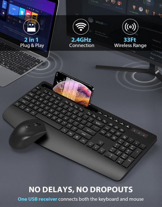 USB Wireless Keyboard & Mouse Combo-Black Wrist Rest Phone Holder Full-Size Keyboard