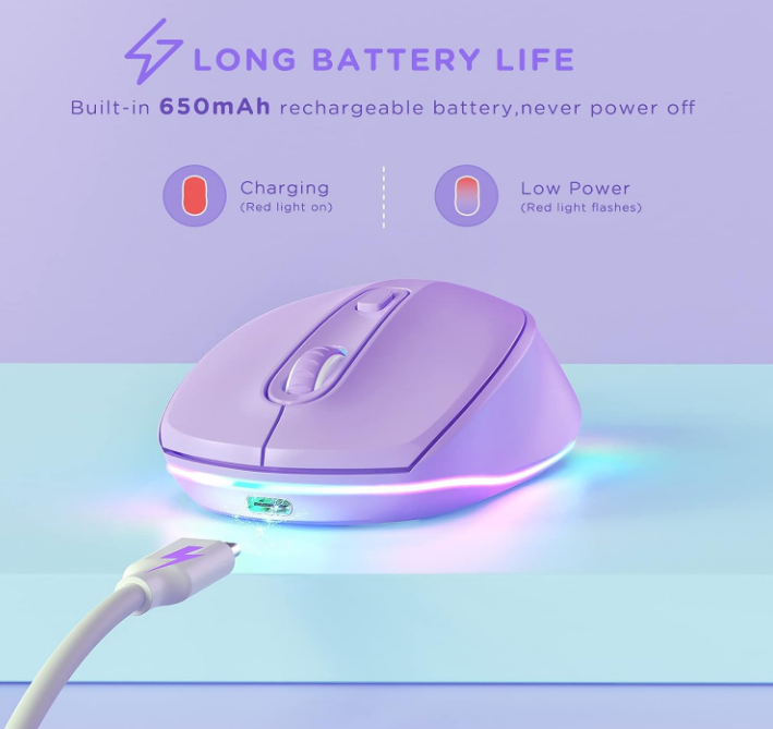 Small USB Wireless Mouse, Purple Rainbow Backlit Rechargeable