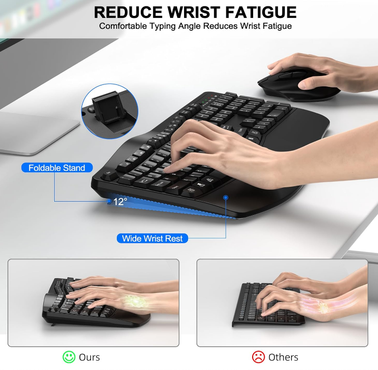 Wave Ergonomic Wireless Keyboard And Mouse Bundle-Black Wrist Rest 3-Level DPI