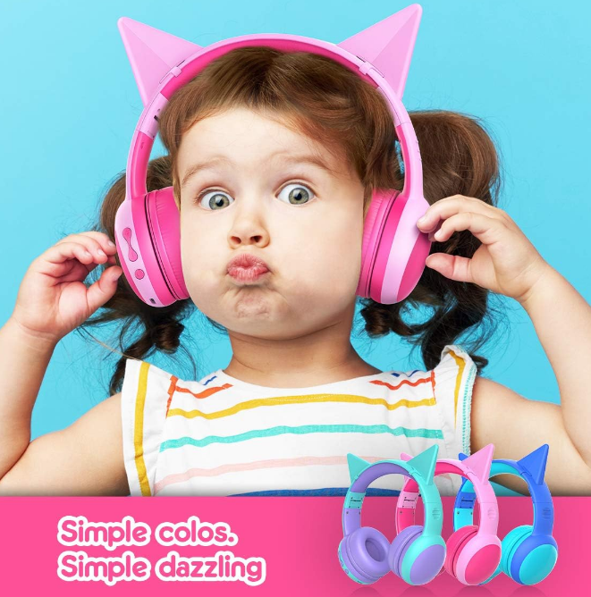 Kids Pink Bluetooth Headphones Over Ear Volume Limiting Cat Ears 40Hr Playtime
