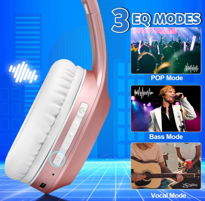 Rose Gold 5.3 Bluetooth Headphones Over Ear 68H Playtime Built-In Mic 3 EQ Mode
