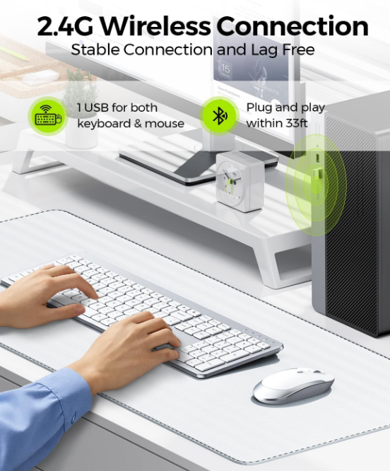 Wireless Full Size Keyboard & Mouse Combo, White/Silver 2.4G USB Thin