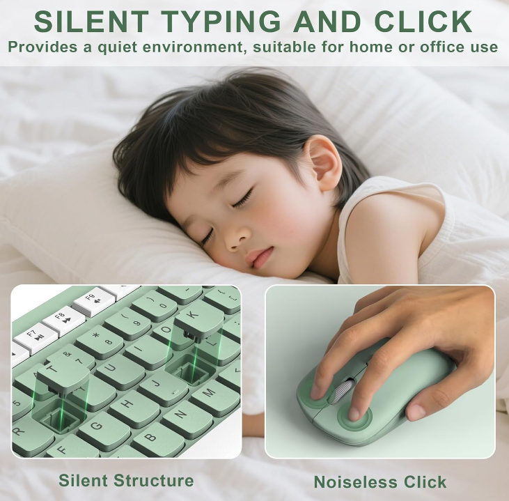 Avocado Green Wireless Keyboard & Mouse Bundle Adjustable DPI Silent Keyboard