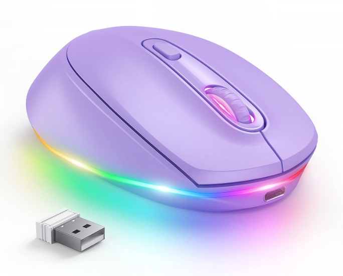 Small USB Wireless Mouse, Purple Rainbow Backlit Rechargeable