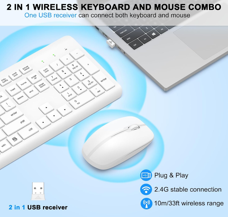 Wireless Keyboard & Mouse Combo-White USB Full-size Ergonomic Silent