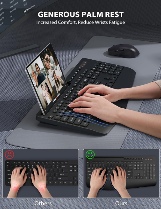 USB Wireless Keyboard & Mouse Combo-Black Wrist Rest Phone Holder Full-Size Keyboard