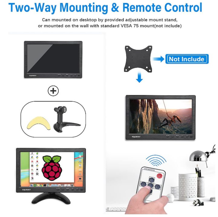 10.1 Inch Security Monitor, 1366x768 Resolution w/ Remote Control Built-in Speakers Gaming Monitor