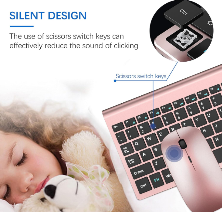 Compact USB Wireless Keyboard & Mouse Bundle-Rose Gold/Black Ultra Slim