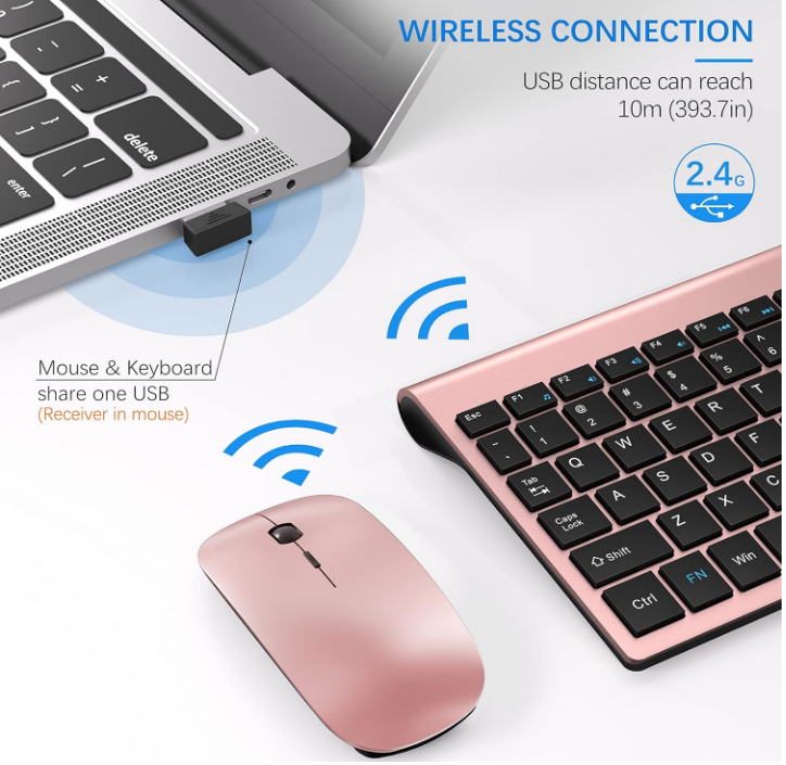 Compact USB Wireless Keyboard & Mouse Bundle-Rose Gold/Black Ultra Slim