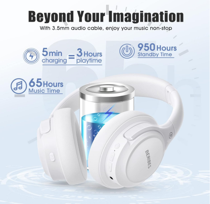 Beribes White Bluetooth Headphones 65H Playtime 6EQ Music Mode Hands Free Calling