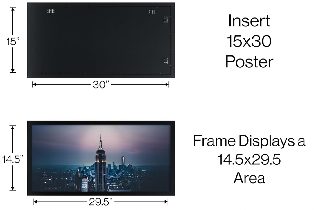 15 X 30 Black Solid Wood Poster Frame, 1 Inch Wide Border Hanging Hardware Included