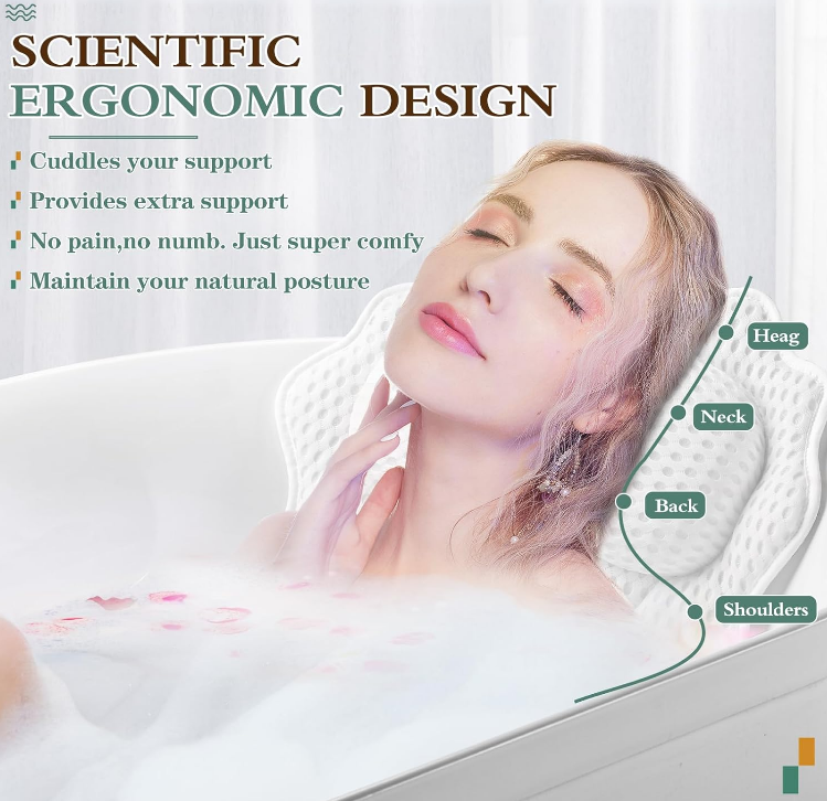 Bath Tub Pillow Ergonomic Luxury With Head Neck Shoulder And Back Support 6 Suction Cups