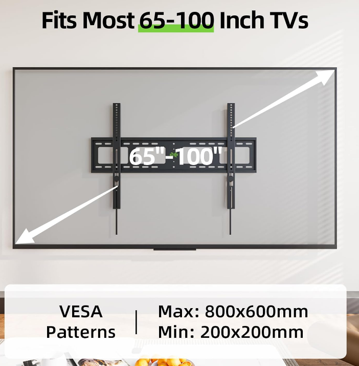 Heavy Duty Fixed TV Wall Mount for 65-100 Inch Flat TVs Max 200 Lbs Low Profile Bracket