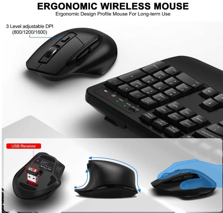 Wave Ergonomic Wireless Keyboard And Mouse Bundle-Black Wrist Rest 3-Level DPI