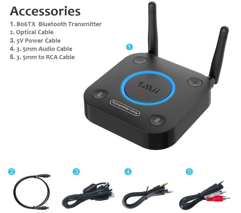 1Mii B06TX Bluetooth 5.2 Transmitter For TV To Wireless Headphone/Speaker AUX RCA Optical