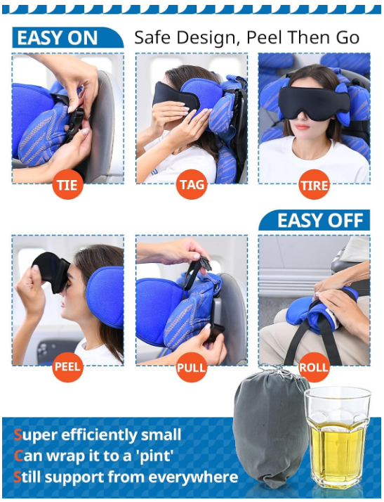 Travel/Airplane Pillow With Head Strap & Sleep Eye Mask 360° Support